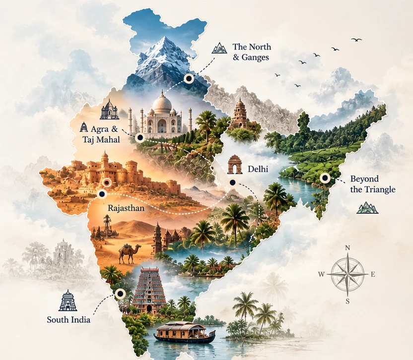 Illustrated map of India showing the regions guided: the North and the Ganges, Agra and the Taj Mahal, Delhi, Rajasthan, Beyond the Triangle and South India