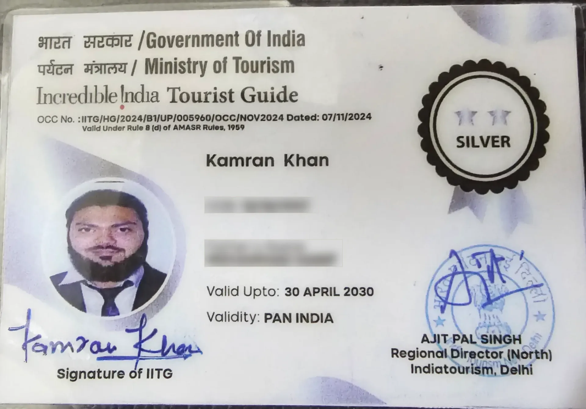 Kamran Khan's Incredible India tourist guide licence, issued by the Ministry of Tourism, valid pan-India