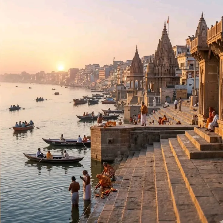 The ghats of Varanasi on the Ganges at sunrise