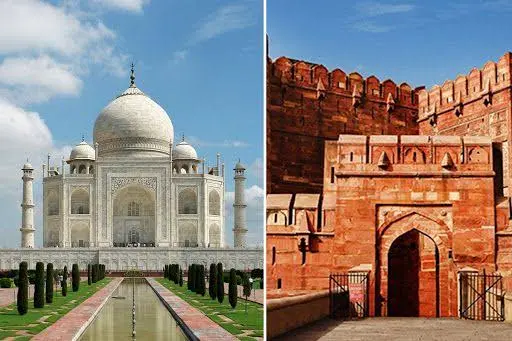 Agra Fort with a distant view of the Taj Mahal, commonly visited on the same day